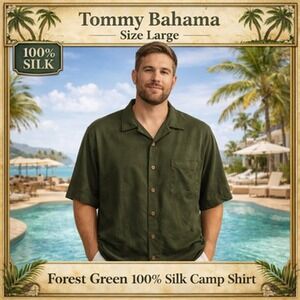 Tommy Bahama Shirt Mens Large Green 100% Silk Camp Hawaiian Resort Button Up